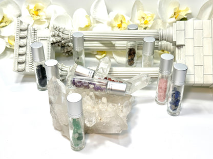 ESSENTIAL OIL ROLLER BOTTLES W/ MINI CRYSTALS